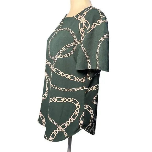 Ann Taylor Elegant Top XS Green White Chain Luxury Print Blouse Short Sleeve - Picture 4 of 11